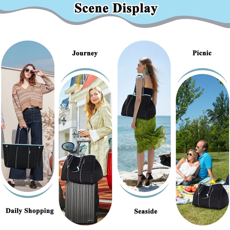 QOGiR Neoprene Multipurpose Beach Bag Tote with Inner Zipper Pocket (Pure Black, X-Large) - Image 4